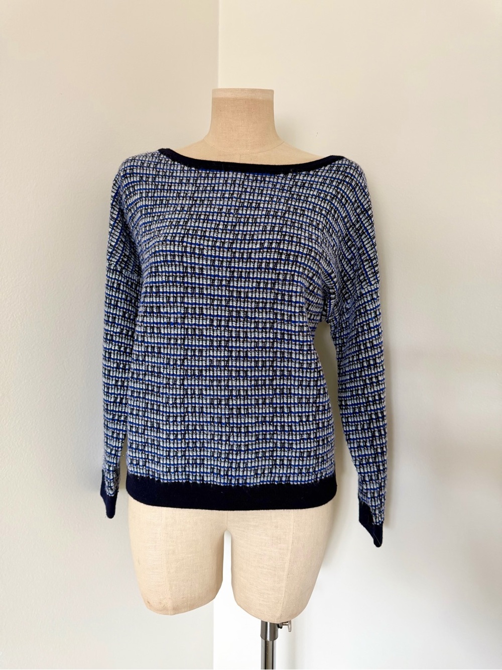 J. Crew Navy and White Textured Off-the-Shoulder Sweater